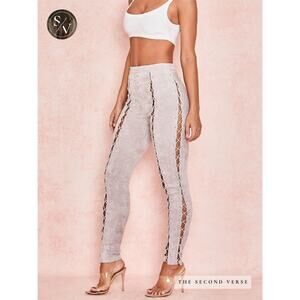 House of CB Aya Soft Grey Suedette Lace Up Leggings Size Large